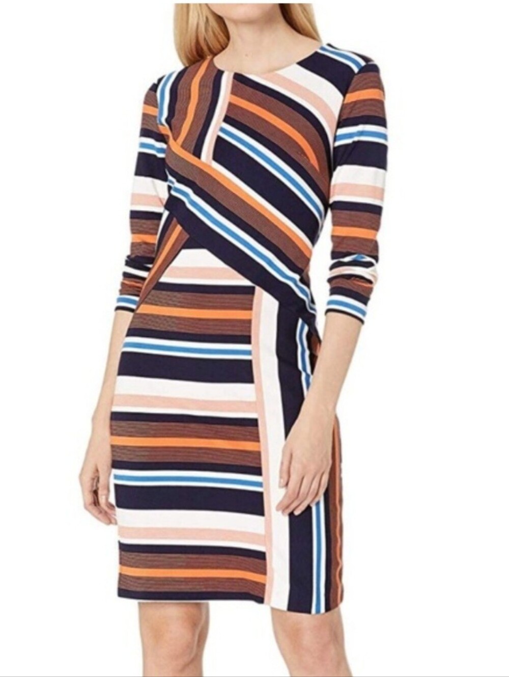 ECI Block Striped Three Quarter Sleeve Dress Rust Blue Size 8